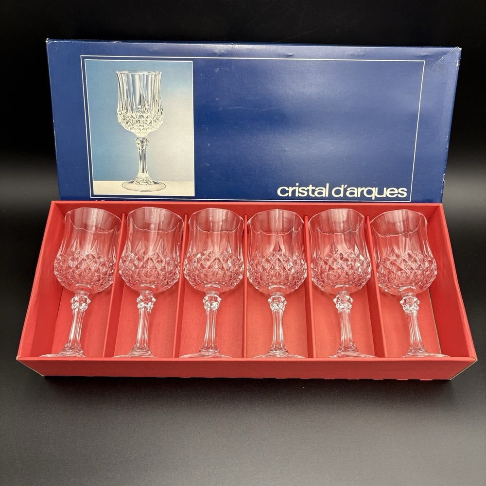 Cristal d'arques Genuine Lead Crystal SIX (6) Longchamp 17.5 cl Wine Glasses Vtg